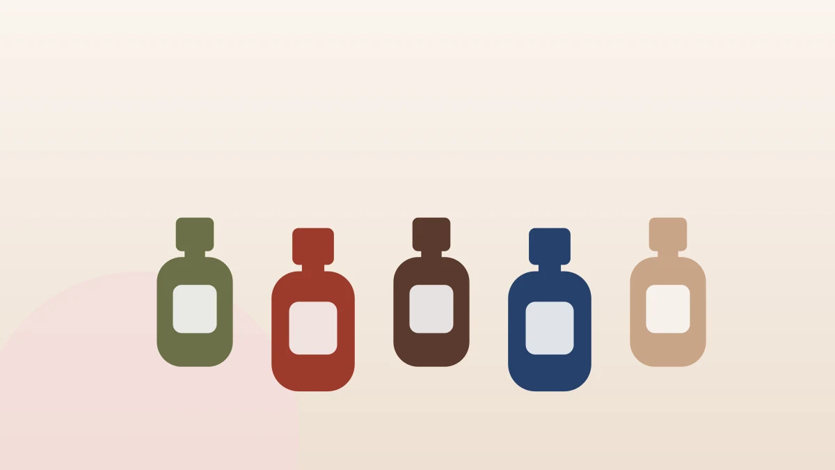 Five nail polish bottles in fall shades: olive, brick, chocolate, navy and nude