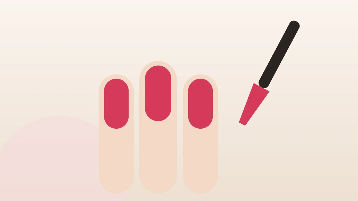 Three painted nails in coral polish beside a nail polish brush