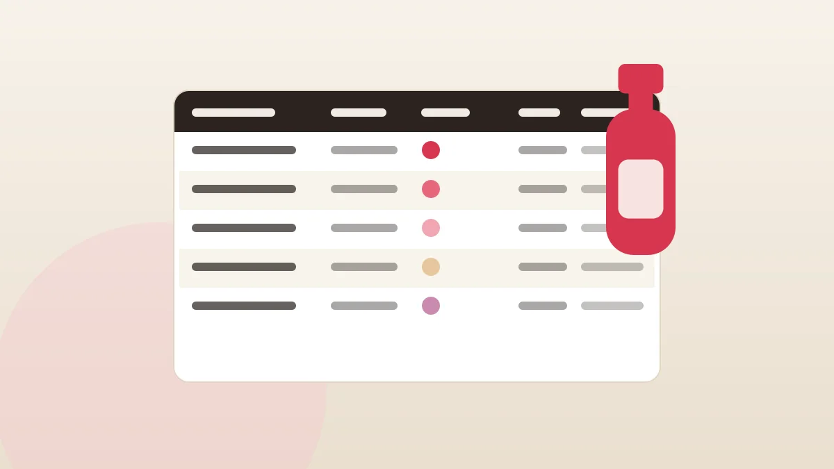 A nail polish collection spreadsheet on a laptop beside bottles